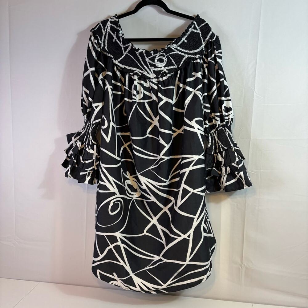 Us Together Black and White A-line Dress with Ruffled Bishop Sleeves 1X J0187